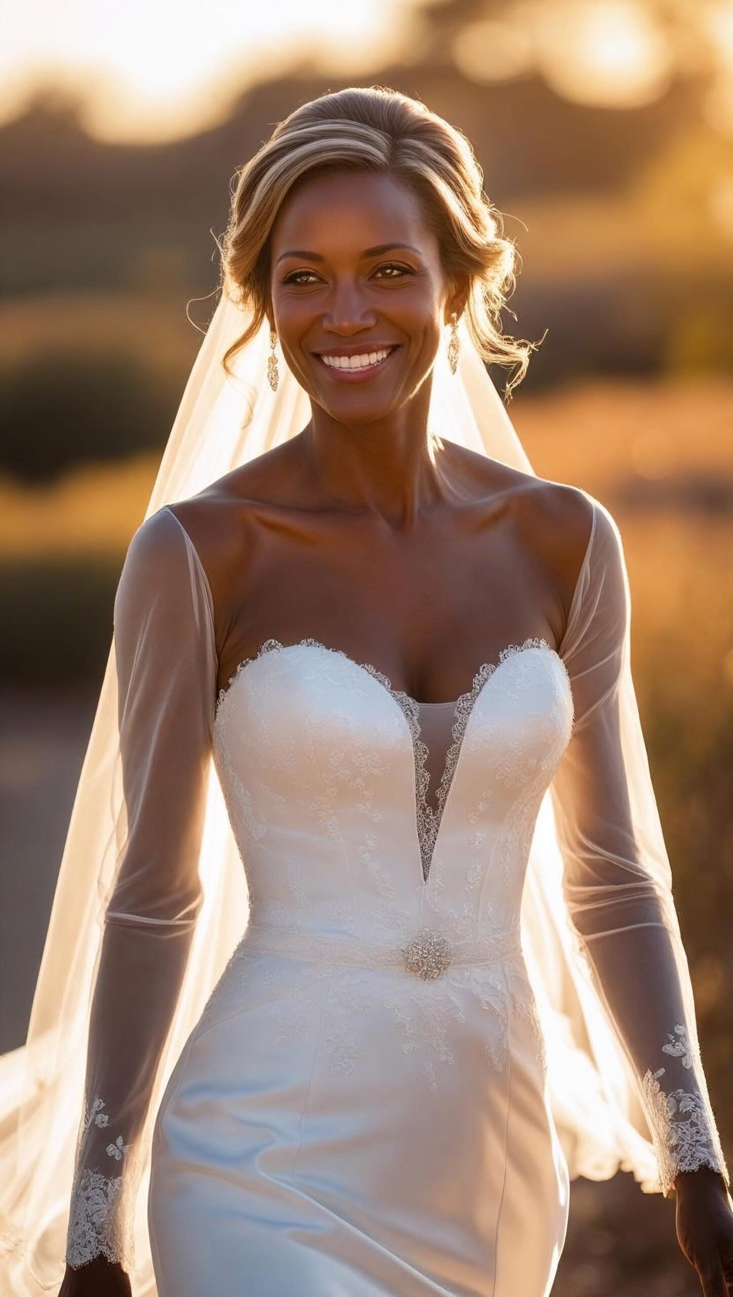 mature bride wearing wedding dress and detachable sleeves.