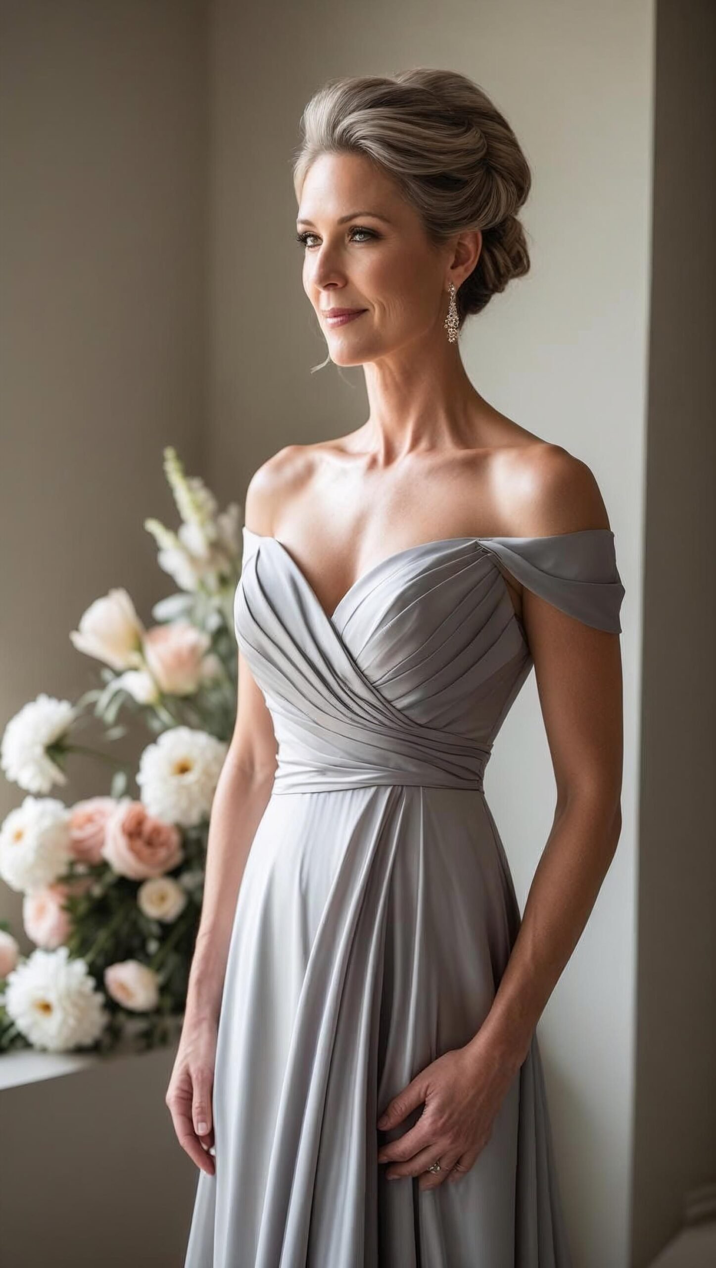over 50 bride in silver gray wedding dress