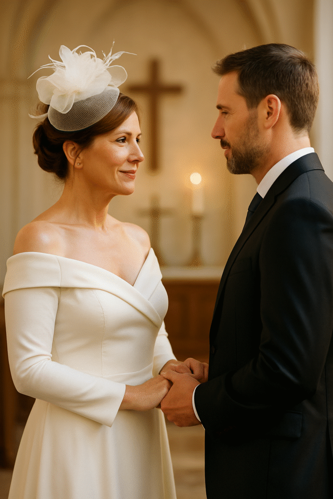 older bride wearing a fascinator