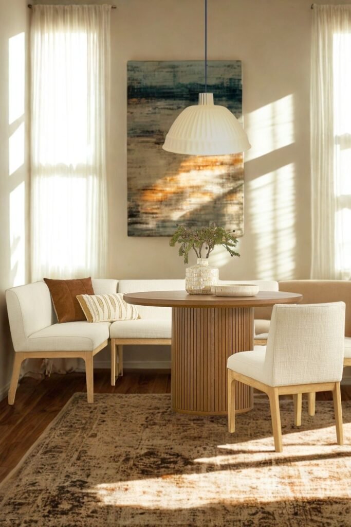 banquette dining seating in a corner dining nook with a round wood table.