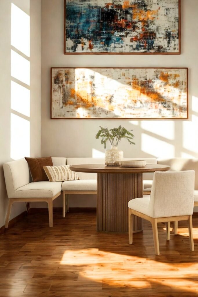banquette dining seating in a corner dining nook with a round wood table.