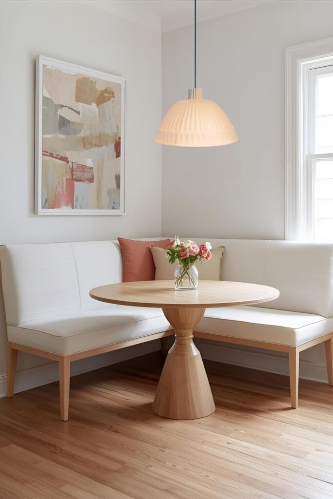 banquette dining seating in a corner dining nook with a round wood table.