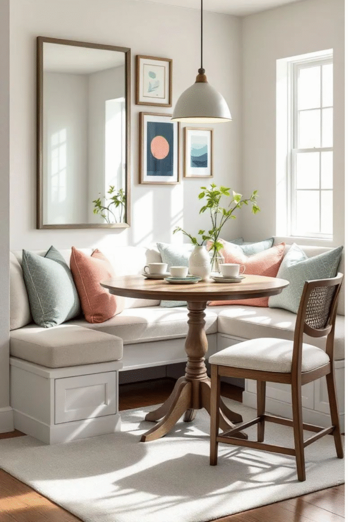 banquette dining seating in a corner dining nook with a round wood table.