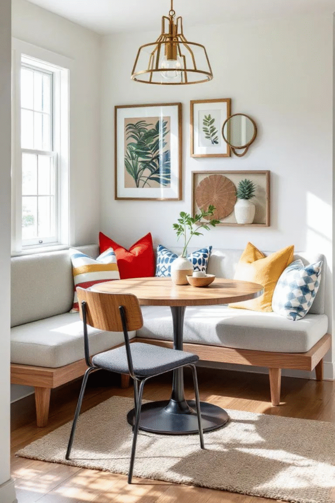 banquette dining seating in a corner dining nook with a round wood table.