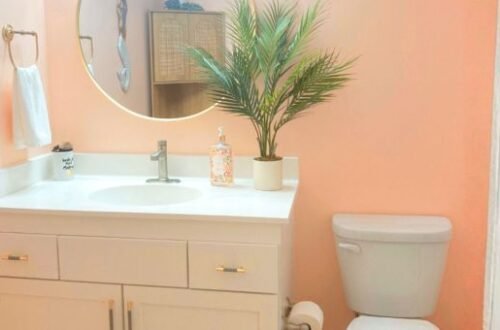 coastal bathroom with peach walls